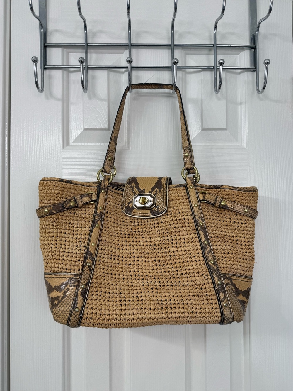 Vintage Coach Woven Straw Tote Bag Snakeskin Print Y2K